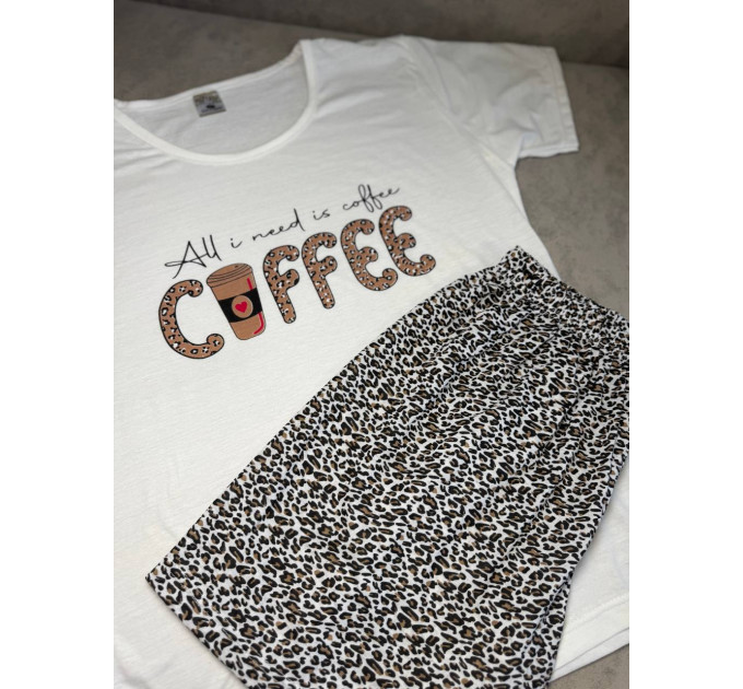 Женская пижама, домашний костюм футболка и шорты Coffee котон