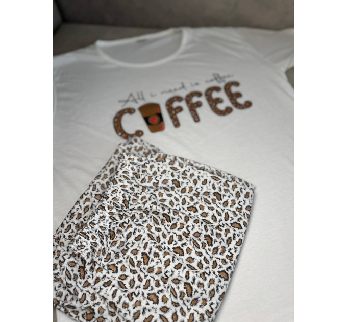 Піжама жіноча, домашній костюм футболка та бриджі Coffee котон 